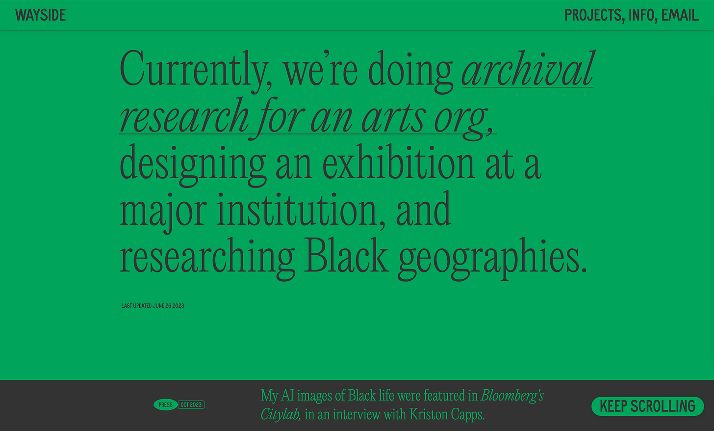 A green monochromatic color scheme on the Wayside Studio website