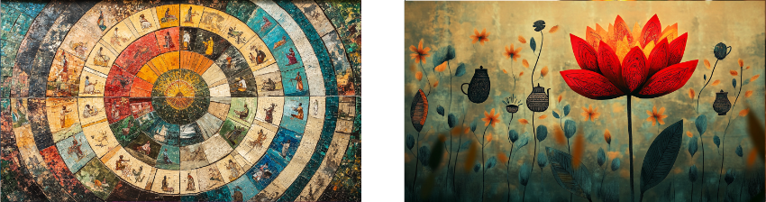 The image showcases two distinct artworks: on the left, a detailed circular mural featuring colorful segments filled with symbolic illustrations, resembling an ancient calendar or wheel of life, rich in cultural and historical motifs. On the right, a serene, folk-art style painting of a large, vibrant red flower standing out among delicate plants and soft background elements, evoking a sense of calm and natural beauty. Together, these artworks blend themes of time, tradition, and the organic elegance of nature.