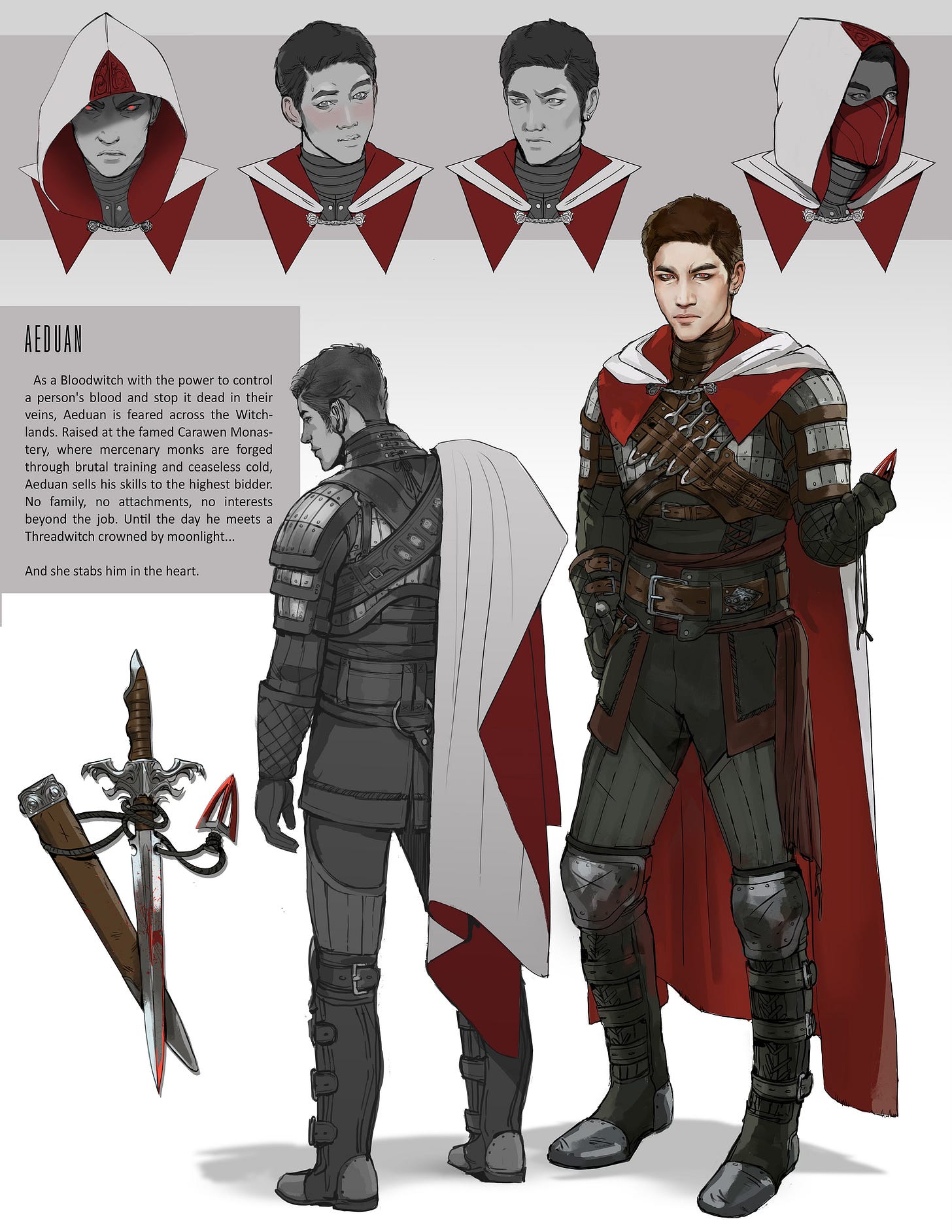 An illustration of Aeduan in the style of video game concept art, showing his head in four different poses, his full body from the front and back, and his weapons