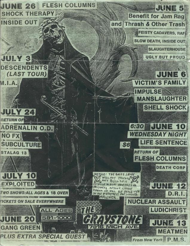 A faded and worn copy paper band flyer listing dates and times for shows. A gritty skeleton holding a pipe is in the center of the flyer behind the names.