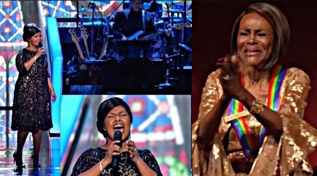 This four-panel collage shows images from the segment devoted to celebrating Cicely Tyson's life and career at the 2015 Kennedy Center Honors: 1) Left: CeCe Winans sings the 1873 hymn "Blessed Assurance; 2) Top Center: The Kennedy Center Orchestra's percussionist plays drums during Winans' performance; 3) Bottom Center: A second shot of Winans belting out "Blessed Assurance"; 4) Right: Cicely Tyson claps and cries during Winans' performance. This four-panel collage shows images from the segment devoted to celebrating Cicely Tyson's life and career at the 2015 Kennedy Center Honors: 1) Left: CeCe Winans sings the 1873 hymn "Blessed Assurance; 2) Top Center: The Kennedy Center Orchestra's percussionist plays drums during Winans' performance; 3) Bottom Center: A second shot of Winans belting out "Blessed Assurance"; 4) Right: Cicely Tyson claps and cries during Winans' performance.