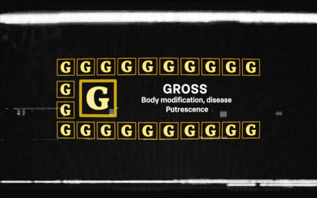 Image of a vintage-style ratings screen. There is a large yellow letter “G” and a description. The description reads “GROSS: Body modification, disease, putrescence.”