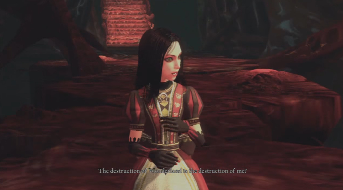 A screenshot from a cutscene in Alice: Madness Returns in Queensland, where she is speaking to the Red Queen. She looks upset and off to one side, saying: "the destruction of Wonderland is the destruction of me?" 