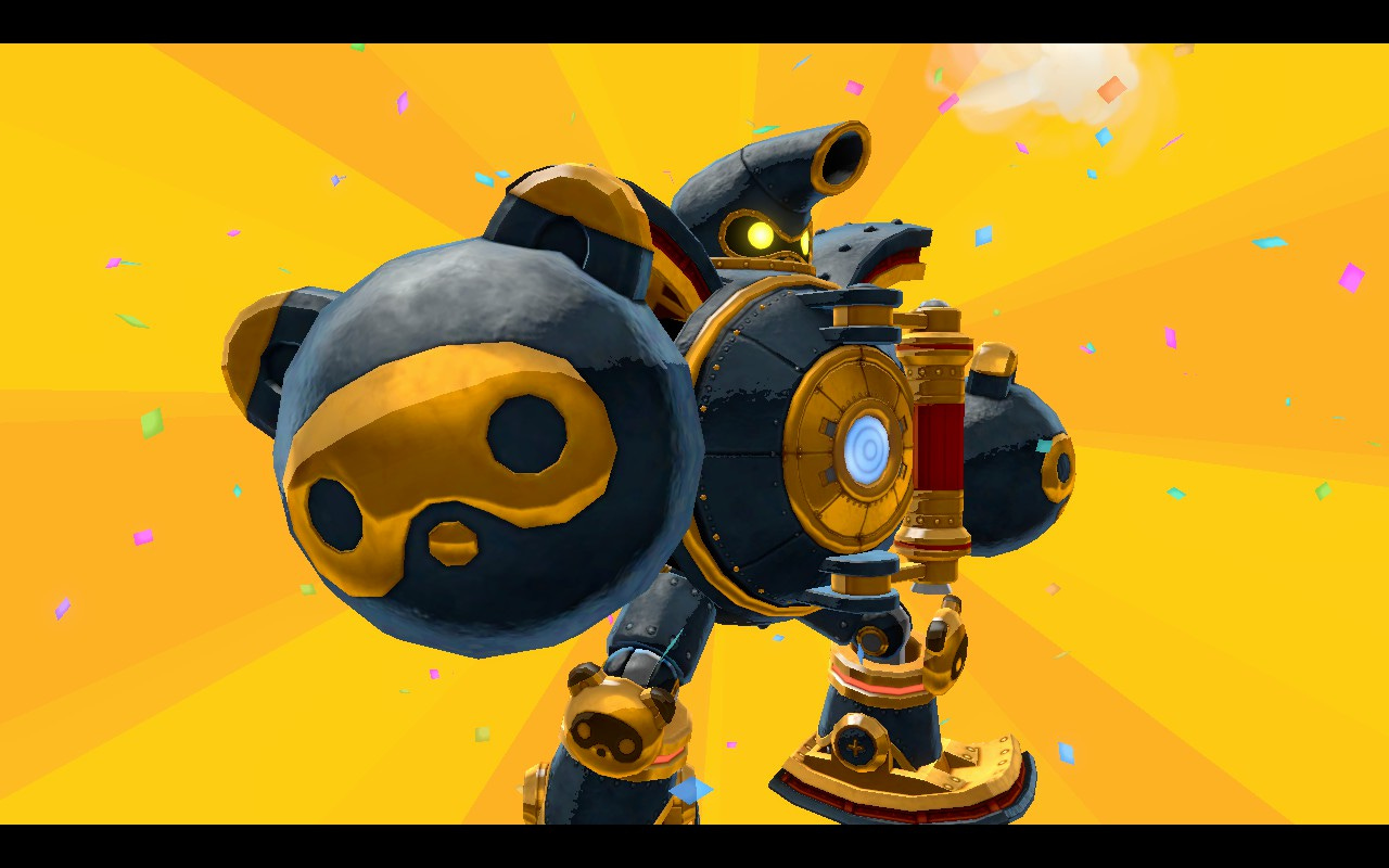 A screenshot of the teapot-turned-mech from Bakeru, with a fist that looks like a tanuki's face.