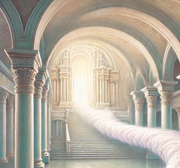A pastel artwork depicting a majestic white train filling a grand temple, inspired by Isaiah's vision. The temple interior is filled with a soft, luminous glow, highlighting intricate columns and arches. The long, flowing white train symbolizes divine holiness and majesty, gently cascading over steps and covering the temple floor. The color palette is muted, elegant pastels with gentle highlights, creating a serene and reverent atmosphere.