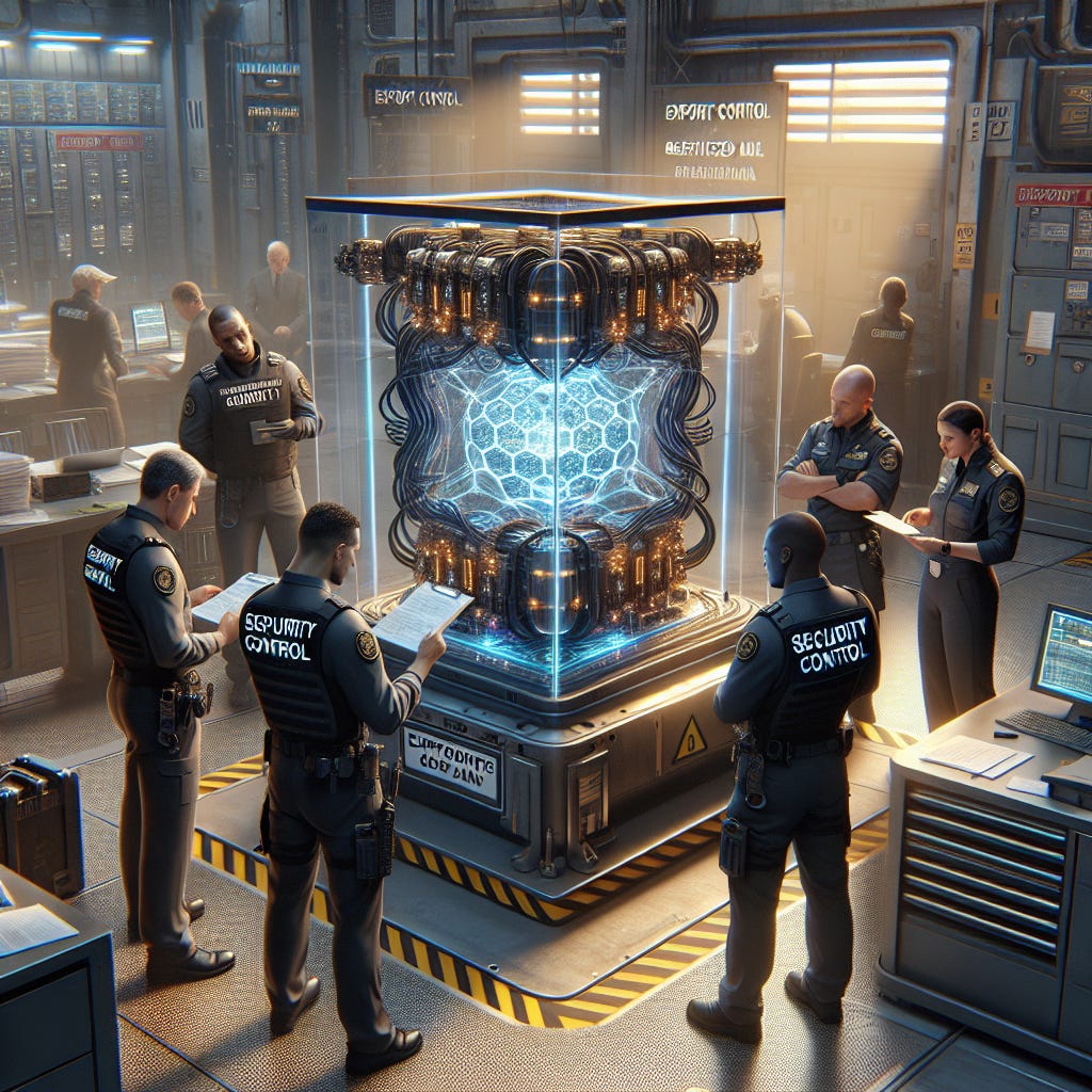 A detailed scene depicting a quantum computer being caught in export control. The setting is a high-tech laboratory with advanced equipment and security personnel present. The quantum computer, housed in a glass enclosure, has multiple cables and glowing components. Security guards are examining documents and the quantum computer, ensuring it complies with export regulations. There are signs indicating 'Export Control' and 'Restricted Area'. The atmosphere is tense but professional.