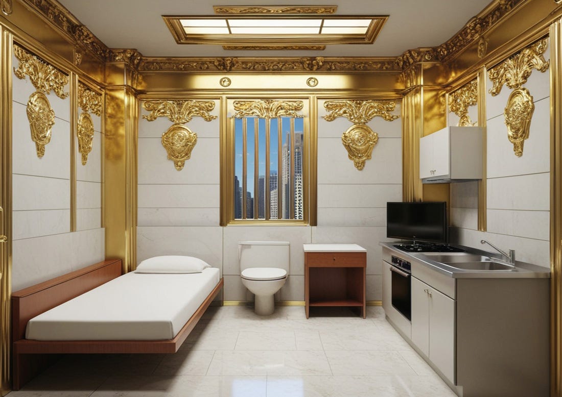 A 60-square-foot jail cell apartment with Trump-style gold-plated decor and safety bars, illustrating a satirical take on dystopian housing.