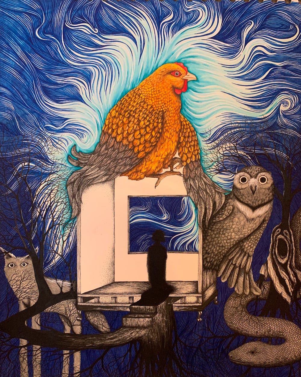 How do I describe this one? It's a very bright orange chicken with a psychedelic background of blue swirling lines, roosting over a room with a shadow figure that looks out into the background, with trees and monsters on either side of the room.