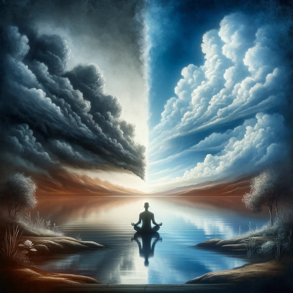 Peaceful setting depicting emotional regulation with a Caucasian, gender-neutral individual sitting relaxed by a serene lake, hands resting in their lap. The scene includes parting dark clouds above, revealing a clear blue sky, symbolizing the shift from negative to positive emotions. The image conveys a sense of calm and hope, reflecting the process of overcoming negative emotions in a tranquil natural landscape.