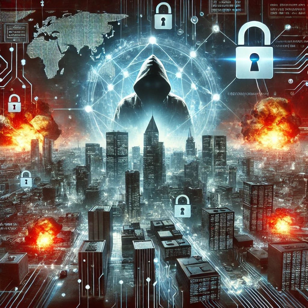 A high-definition depiction of a digital battlefield, symbolizing the cyber war led by the 8Base ransomware group. The image features a massive cyber network under attack, with data streams being hijacked, encryption locks appearing on breached servers, and a hacker in the shadows orchestrating the attack.