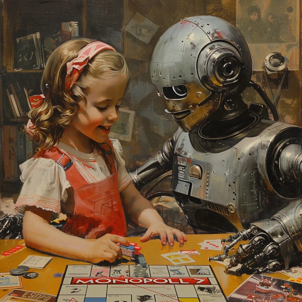  robot and a young girl playing Monopoly