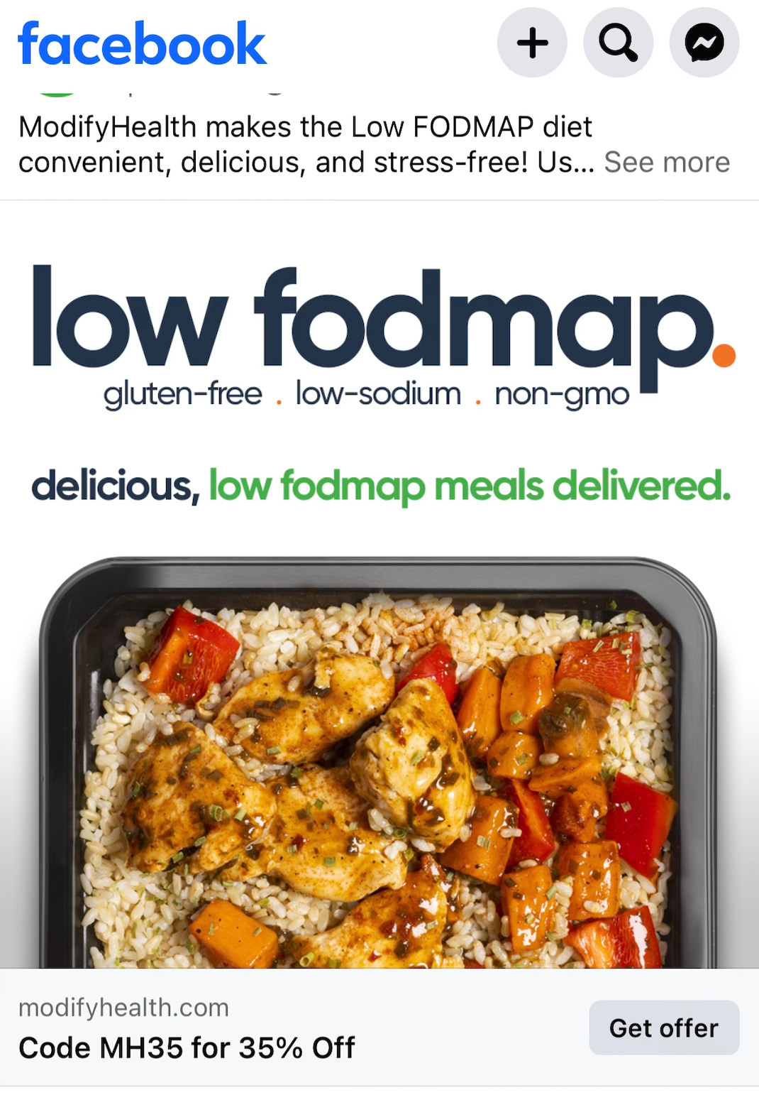 Facebook ad for "Low FODMAP" meal delivery