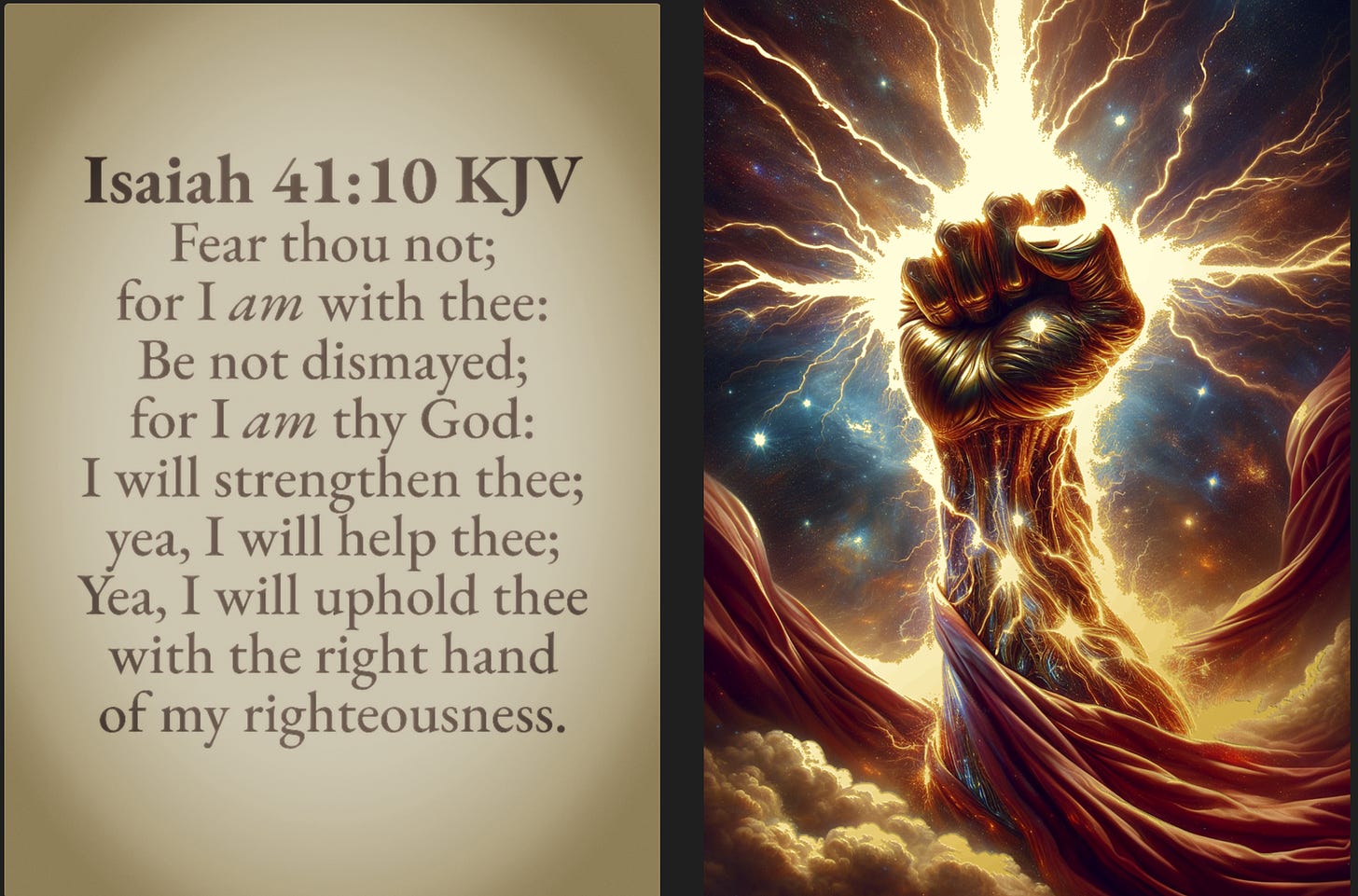 The image is divided into two parts. On the left side, there's a passage from the Bible, Isaiah 41:10 (KJV), which reads: "Fear thou not; for I am with thee: be not dismayed; for I am thy God: I will strengthen thee; yea, I will help thee; yea, I will uphold thee with the right hand of my righteousness." The text is presented on a beige background in a serif font. On the right side, there's a powerful and dramatic illustration of a muscular, glowing fist raised upward, surrounded by vibrant lightning and energy against a dark, starry sky, symbolizing divine strength and support.