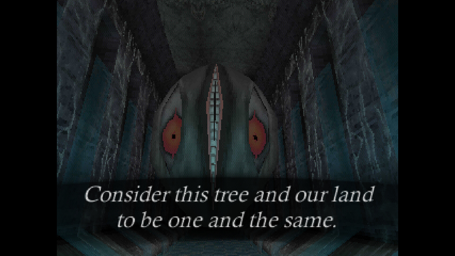 A monsterous, spherical entitiy with two large red eyes and a vertical mouth full of teeth hovers in front of th viewer. Subtitles read "Consider this tree and our land to be one and the same."