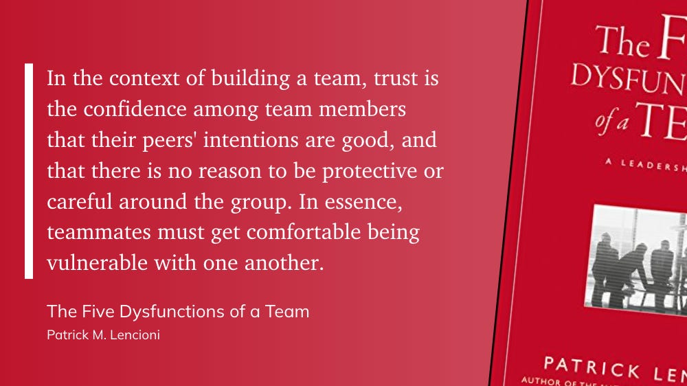 "In the context of building a team, trust is the confidence among team members that their peers' intentions are good, and that there is no reason to be protective or careful around the group. In essence, teammates must get comfortable being vulnerable with one another." - Patrick M. Lencioni: The Five Dysfunctions of a Team