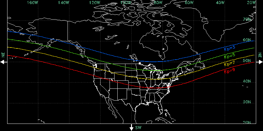 Viewline of the aurora for KP 3, 5, 7, 9