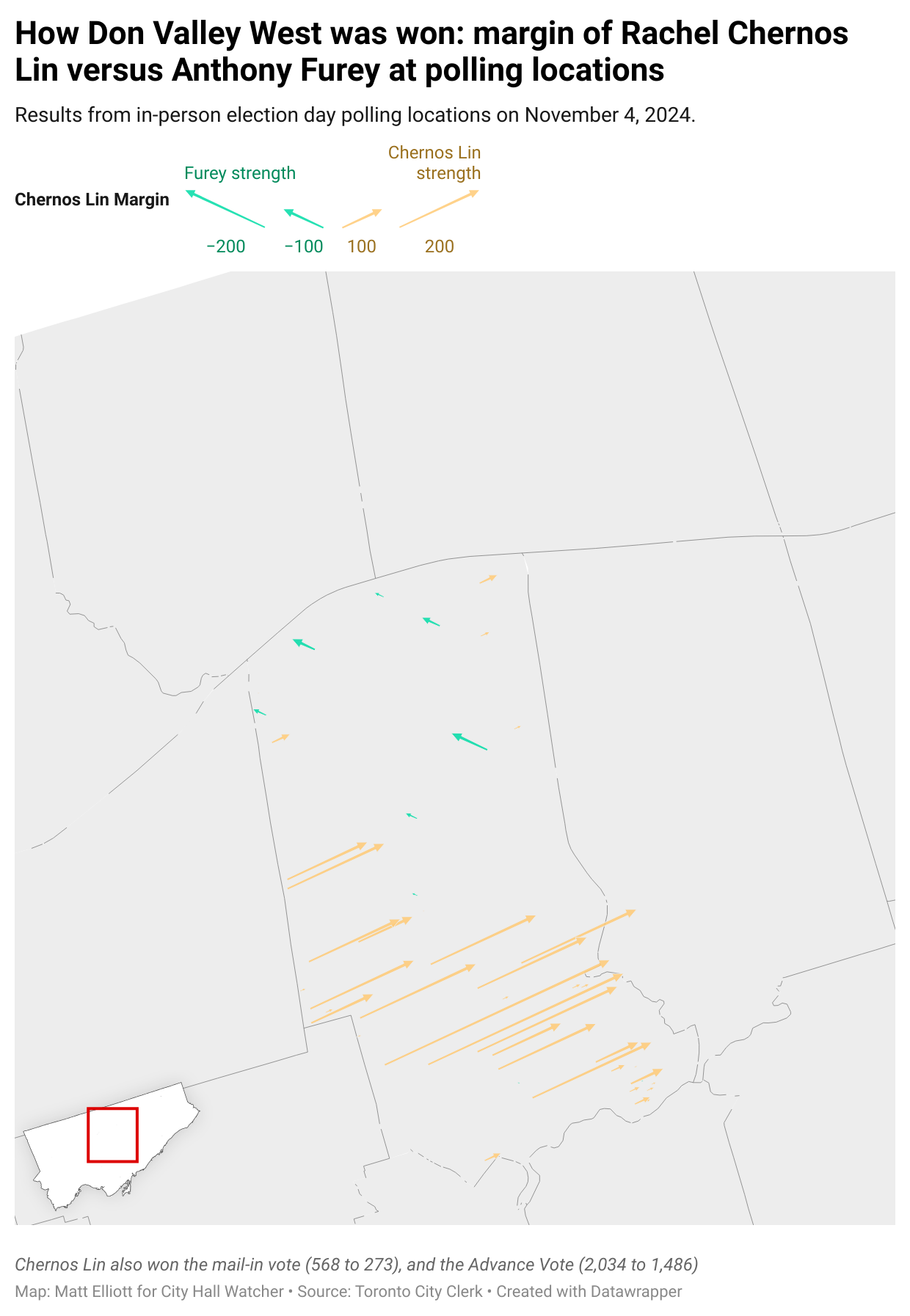 Map titled: How Don Valley West was won: margin of Rachel Chernos Lin versus Anthony Furey at polling locations