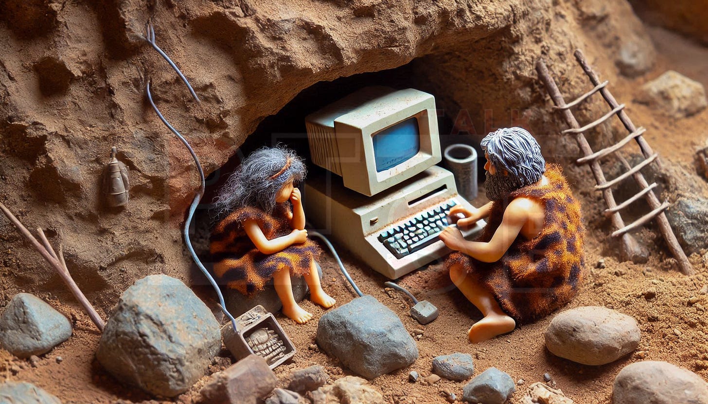 Cave people using an ancient computer on a dusty stone in a diorama scene.