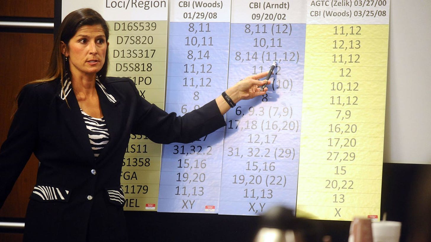Yvonne Woods, a lab agent with the Colorado Bureau of Investigation, points to a DNA chart during Diego Olmos Alcalde's trial on June 22, 2009, in Boulder, Colorado.