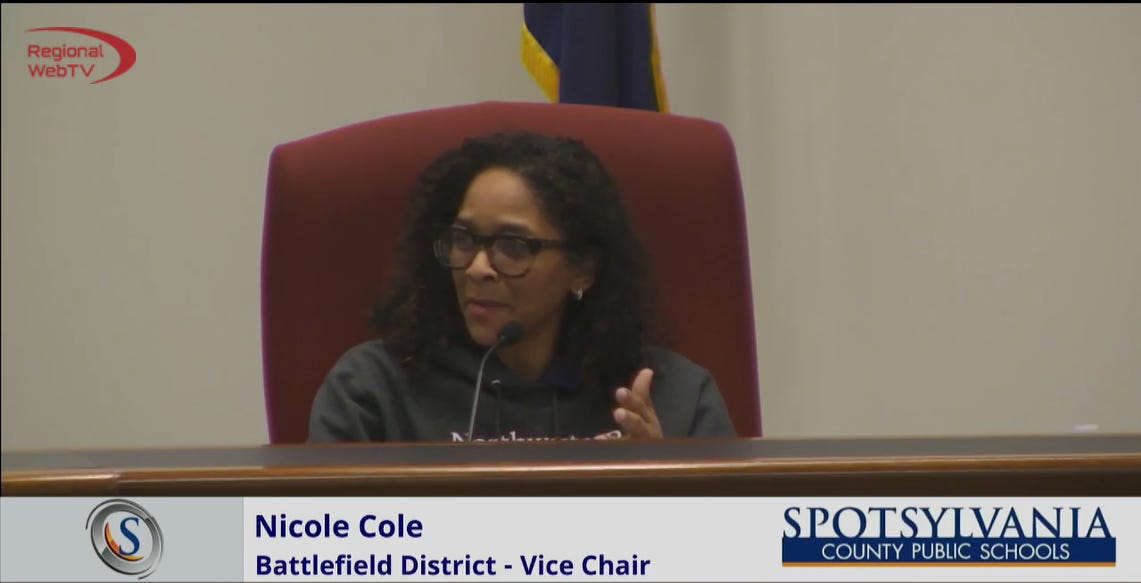 Spotsylvania School Board member Nicole Cole discusses her motion to reprimand board member Lisa Phelps on April 8, 2024