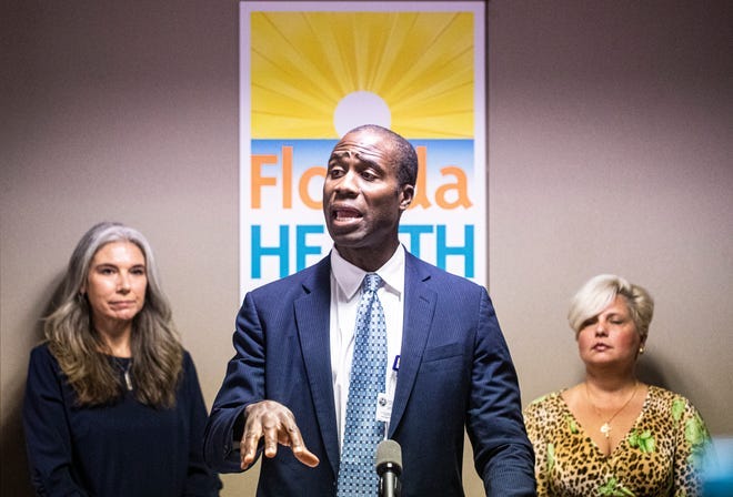 Florida’s new surgeon general Dr. Joseph Ladapo speaks at a press conference at the Florida Department of Health in Lee County on Thursday, October 14, 2021.