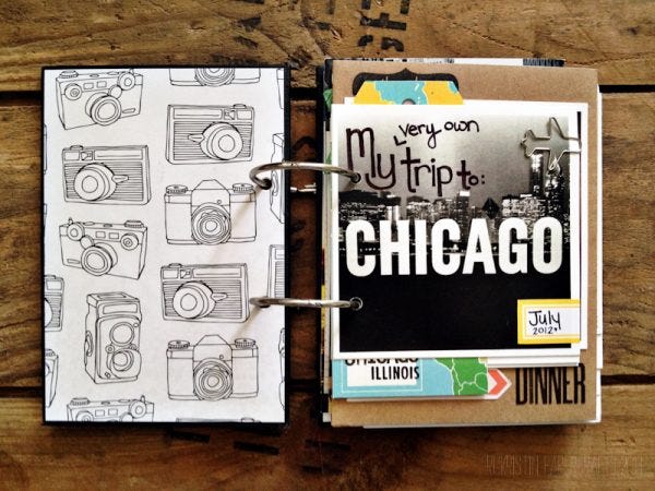 First page. 3x3 cardstock photo (all photos from Persnickety Prints) with a hand drawn title and airplane paperclip.