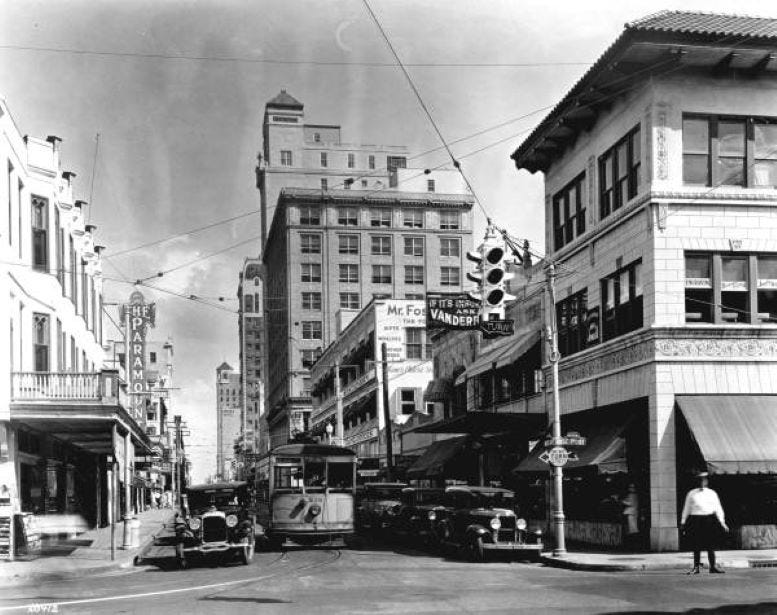 A Trolley traveling south of SE First Avenue near SE First Street in the late 1930s. 