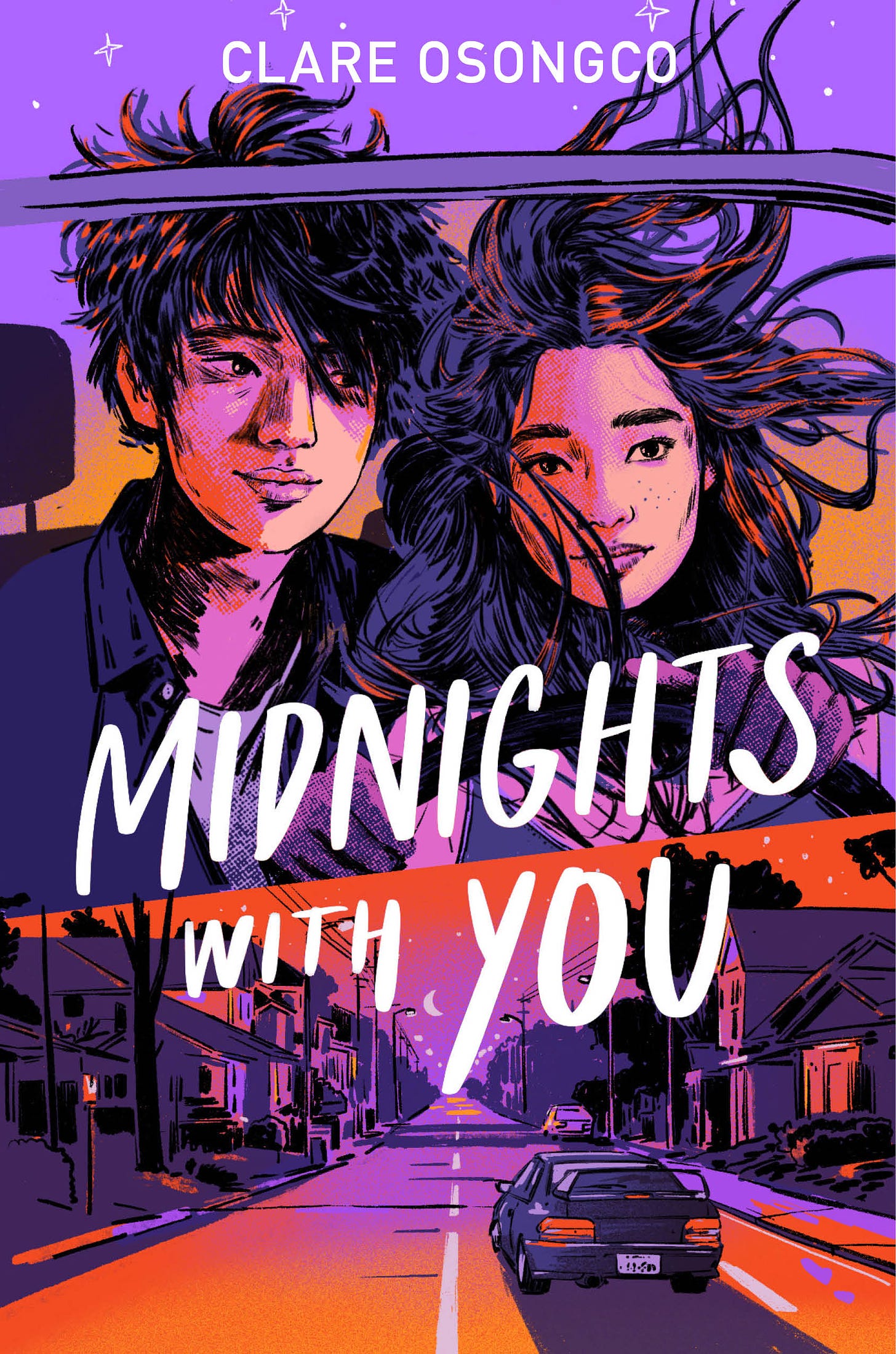 An illustration in shades of purple and pink and orange, where the upper half shows two biracial Asian American teenagers—a mixed Viet boy and a mixed Filipino girl with the wind blowing through their hair. She’s behind the wheel of a car, and you can see the car seat head rests behind them, but the interior of the car fades into a warm orange glow. The bottom half of the illustration shows a nighttime suburban streetscape with the car driving down the street into the distance. (It’s a 2004 Subaru Impreza WRX STI). Across the middle, in lettering that looks like handwriting, is the title all in uppercase: MIDNIGHTS WITH YOU. The author’s name is across the top, along with some little whimsical-looking stars.