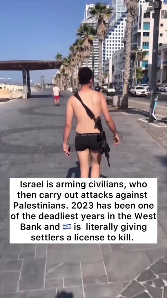 A TikTok user has filmed armed Israeli settlers casually walking the streets of the West Bank armed with assault rifles