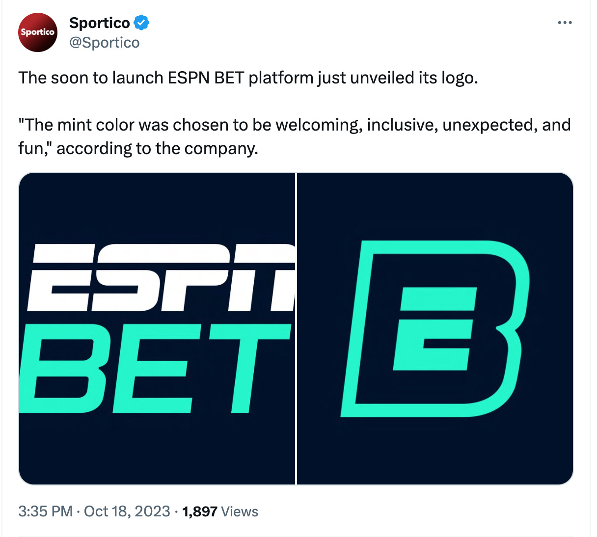 Sportico tweet: "The soon to launch ESPN BET platform just unveiled its logo.  "The mint color was chosen to be welcoming, inclusive, unexpected, and fun," according to the company." with a photo of ESPN BET logos showing green colors