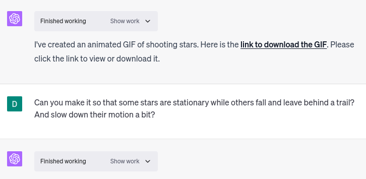 Asking ChatGPT to create an animated GIF of shooting stars