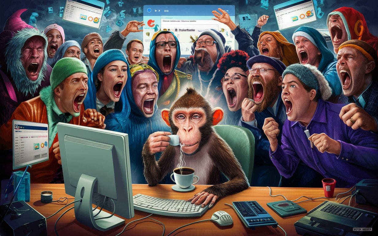 A cartoon monkey on a computer being screamed at by a bunch of people.