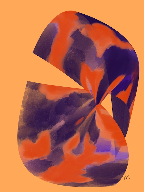 Abstract painting by Sherry Killam Arts with purple and red-orange shapes suggesting the back of a figure sitting, slumped forward against a lighter orange background.