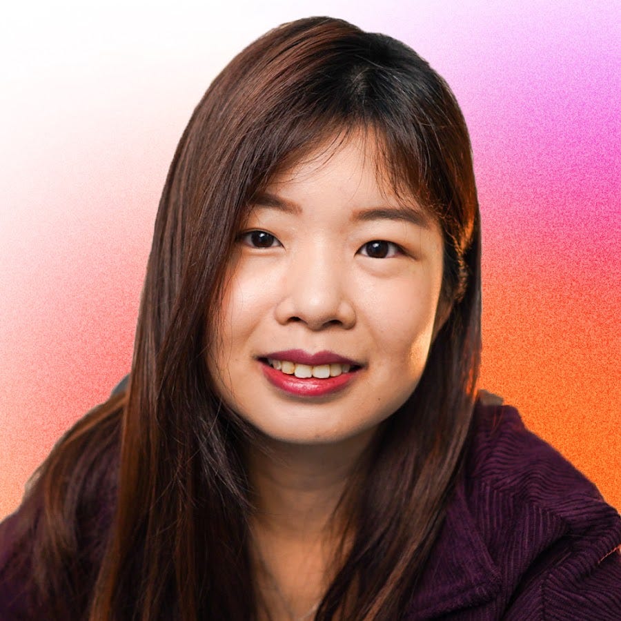 A portrait of an asian woman with a gradient background