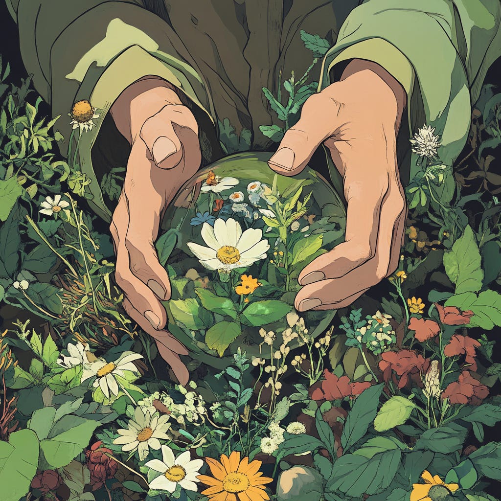 A cartoon image of two hands picking up an orb of plants from a garden