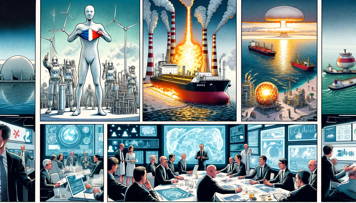 A photo-realistic comic strip, without text, depicting key events in energy investments and technological innovations. Panel 1: A figure representing France unveiling a model of a micro-reactor, symbolizing the €1 billion commitment to nuclear startups under the France 2030 plan. Panel 2: A large LNG tanker ship representing the US's status as the world's largest LNG exporter, indicating a shift in global energy dynamics. Panel 3: A group of investors and engineers discussing around a model of an alternative energy source, highlighting opportunities in European energy investments. Panel 4: An advanced AI lab scene with computers and holograms, representing the increasing reliance on AI and machine learning in business models, as seen in companies like Duolingo and Microsoft's investment in OpenAI. Panel 5: A strategic meeting of European VCs, with a backdrop of energy models and tech screens, portraying the interweaving of traditional energy investments with technological innovations.
