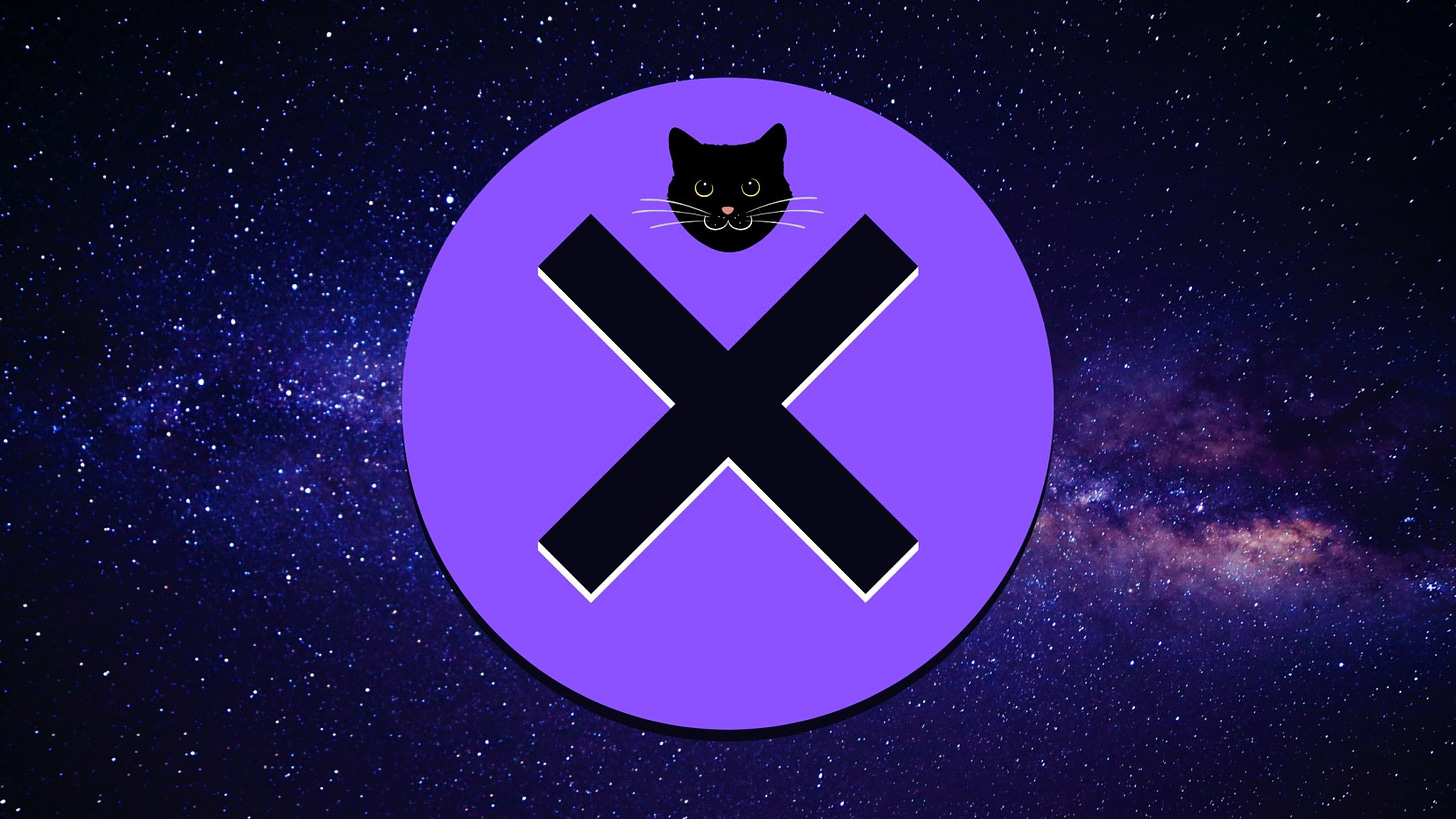 Image of cat face and x icon inside round above space background