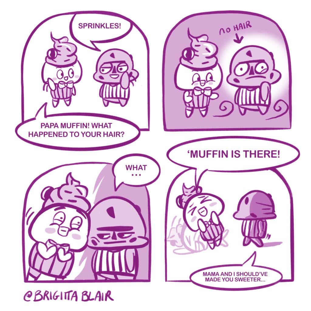 Four panel comic about a muffin making a muffing pun by saying "smuffin".