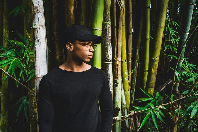 Man standing beside bamboo trees Man standing beside bamboo trees
