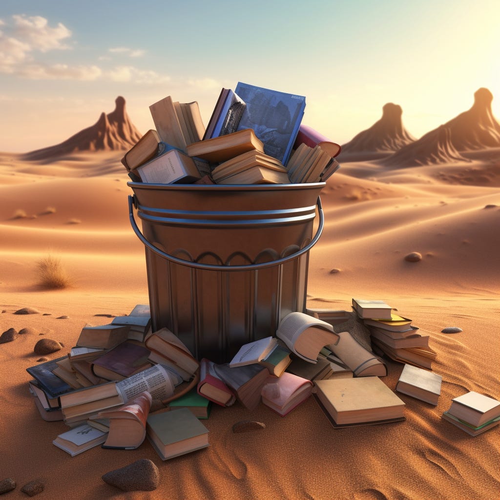 A trash can in a desert full of books