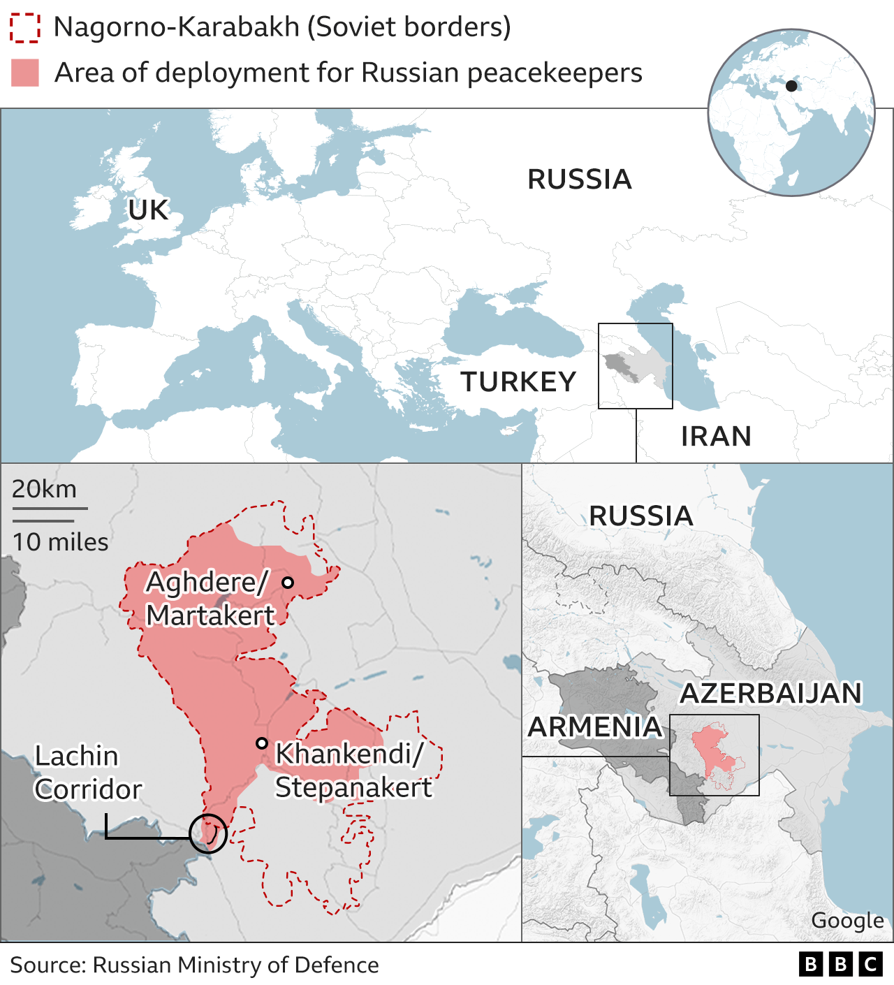 Map of the Nagorno-Karabakh region in Azerbaijan, showing areas of the former autonomous region where Russian peacekeeping forces operate. The map also highlights some of the cities in the area and the Lachin corridor, which, though not a part of the Nagorno-Karabakh region, is to remain under the control of Russian peacekeepers to act as a connection with Armenia for ethnic-Armenian population in the region. Another map shows where Nagorno-Karabakh is located in the South Caucasus region of southeast Europe and Asia.