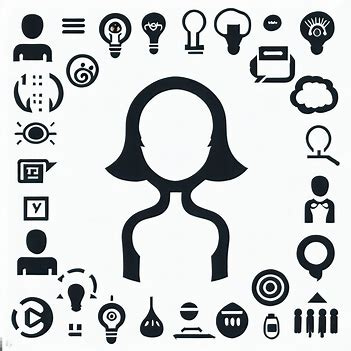 I want an image of a non-descript woman standing in the center, surrounded by a half-circle of icons. The icons should include a human head, an idea symbol, male/female gender symbols, a color palate, some items of food, a smiling face, a sad face, a list, etc. 