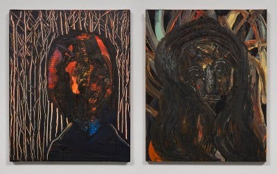 Two paintings of abstracted heads in forests.