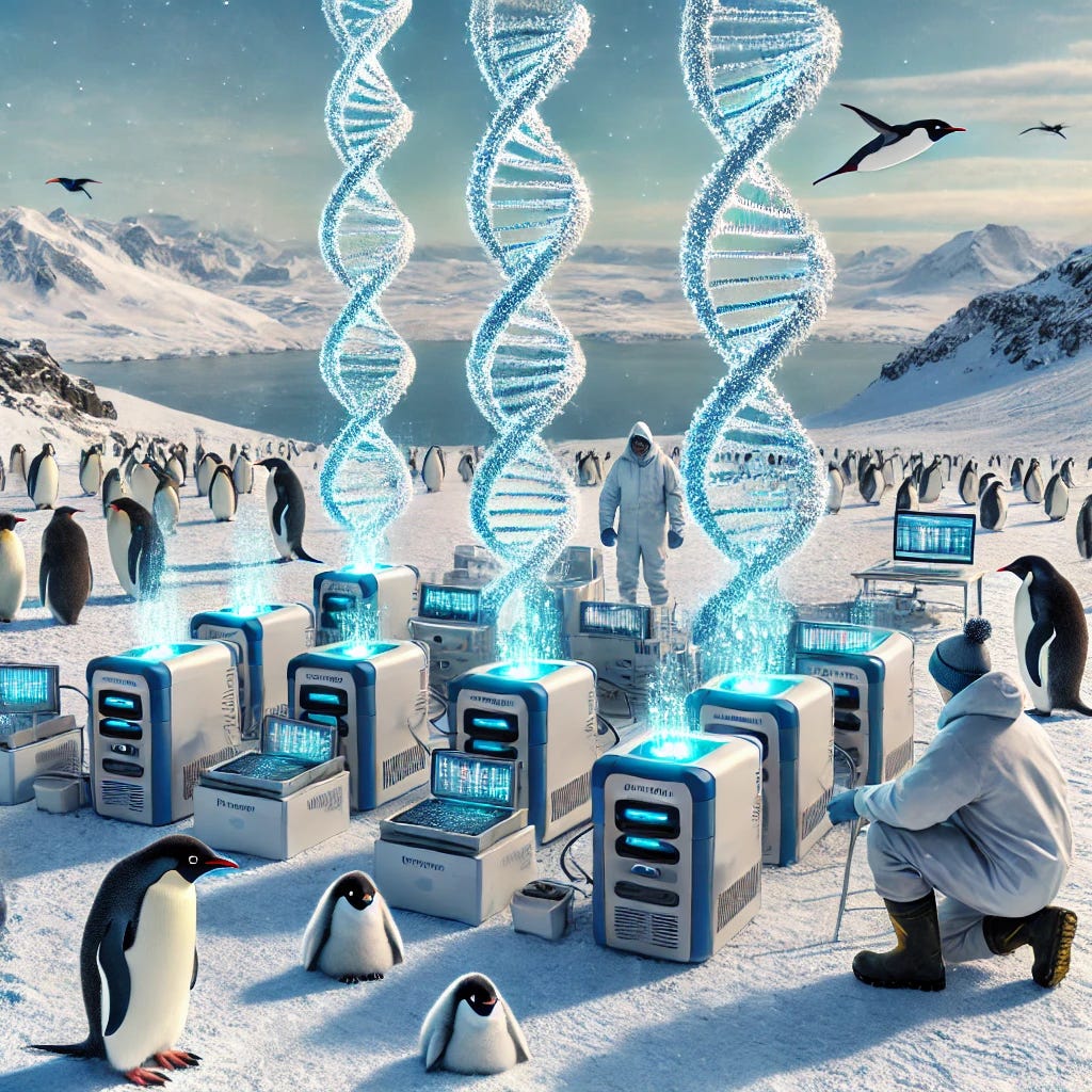 An enhanced version of a high-tech outdoor laboratory in a snowy landscape, featuring more prominent nanopore sequencing devices and visible strands of DNA being analyzed. The scene includes scientists in winter gear and lab coats, focused on multiple advanced nanopore devices. Emperor and Adelie penguins are nearby, some being studied by the scientists. The DNA strands are artistically represented as glowing, floating helices in the air, emphasizing the focus on genetic research in this unique setting.