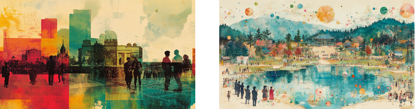 A contrasting set of artistic scenes: on the left, a vibrant, abstract cityscape blending red, yellow, and blue hues with silhouettes of people walking near recognizable landmarks, symbolizing urban life and cultural diversity; on the right, a watercolor landscape featuring a serene park with a reflective pond, traditional architecture, colorful trees, and people scattered throughout, evoking a sense of harmony, nature, and community.