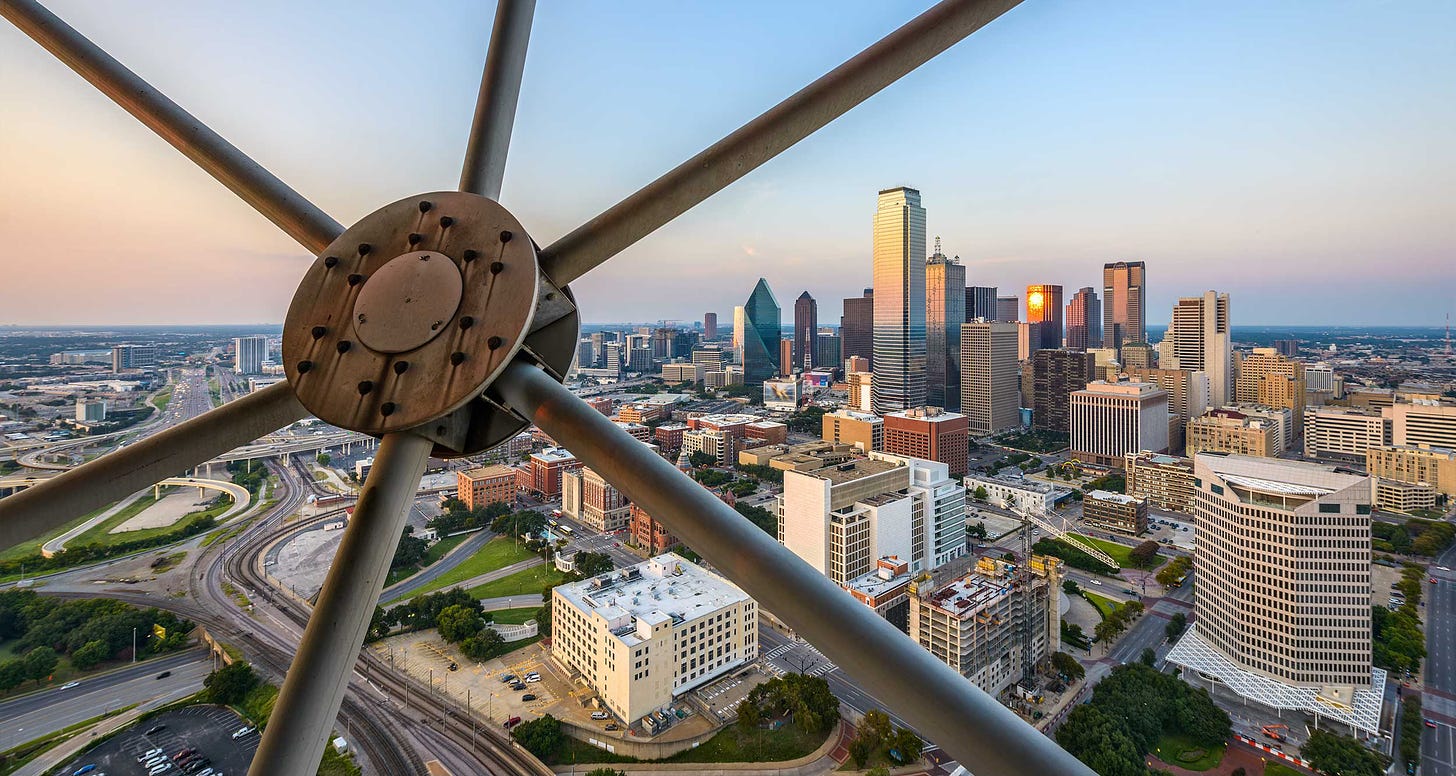 Dallas skyline seen from Reunion Tower observation deck.