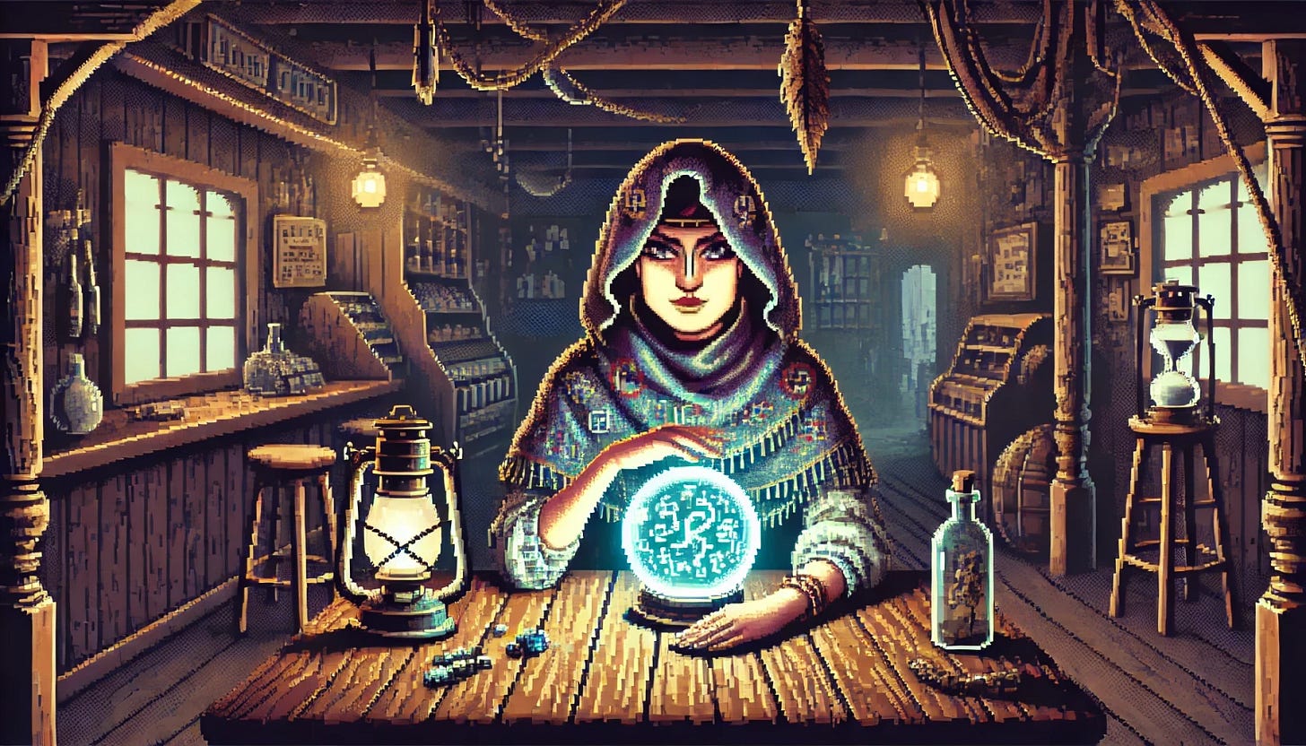 A pixel art scene in a 1980s frontier adventure style. A mysterious fortune teller sits at a wooden table in a dimly lit Old West saloon, with a crystal ball glowing faintly in front of them. The fortune teller's face is now visible, showing a confident and enigmatic expression. They wear a Roma-style scarf, richly patterned and draped elegantly around their head. The setting includes flickering lanterns, dusty shelves, and saloon decor. The atmosphere is eerie yet inviting. The image is in a 16x9 aspect ratio. No text.