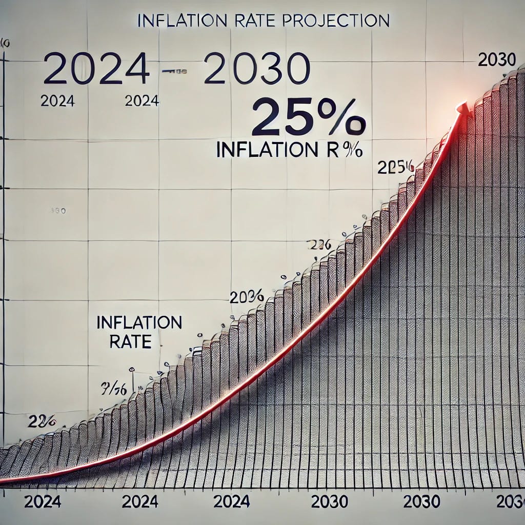 A graph showing a steep upward trend in inflation rate projection, starting from the current rate and reaching 25% by 2030. The graph should have a clear x-axis marked from 2024 to 2030 and a y-axis labeled 'Inflation Rate (%)'. The inflation curve should rise sharply, especially in the latter years, with a bold line representing the projection. Include data points and a red arrow indicating a rapid increase. The graph should have a professional, financial chart style with a modern design and labels for clarity.