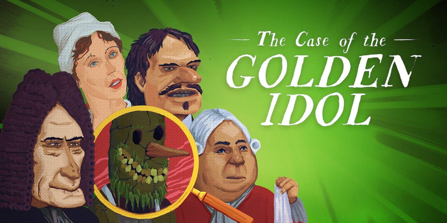 The key art from The Case of the Golden Idol. It's green with five people on it, one of them is under a magnifying glass and seems to be some kind of green demon.