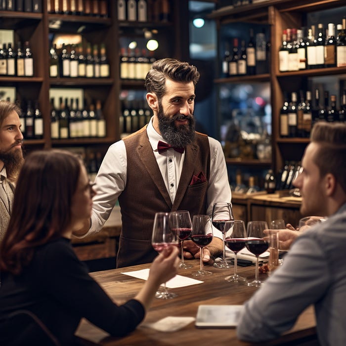 A man with a beard, bowtie, and vest standing at a table talking to a bunch of customers with a several glasses of red wine in front of him.